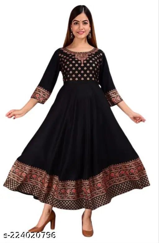 Black rayon printed Anarkali kurti with three-quarter sleeves, Indian women's fashion