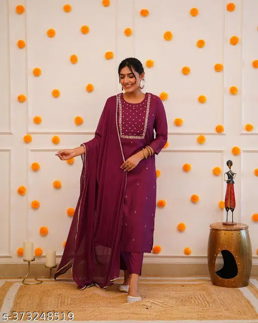 Moksha women's viscose kurta set with pant and dupata in solid chiffon fabric, three-quarter sleeves, India-made
