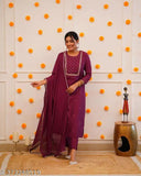 Moksha women's viscose kurta set with pant and dupata in solid chiffon fabric, three-quarter sleeves, India-made