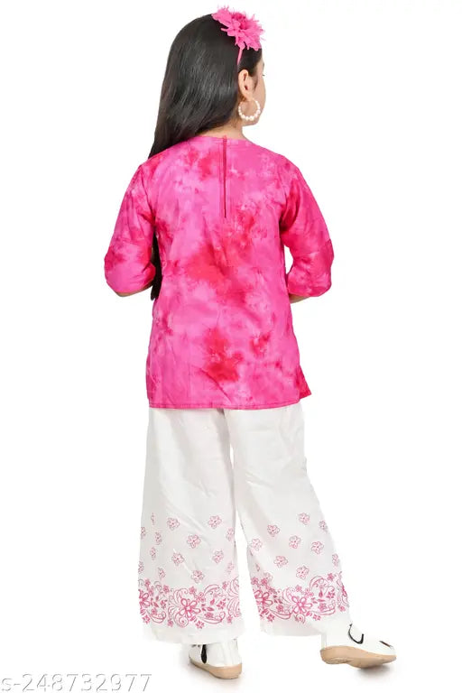 Rayon kurtis palazzo set for girls, featuring pom-pom design, print, and self-fabric belt. Indian handcrafted fashion for children's wardrobe on Gillkart site