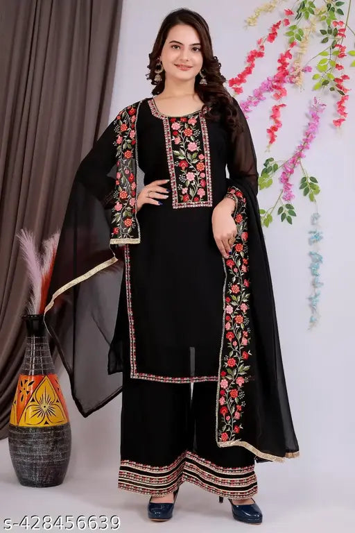 Georgette kurti set with palazzo and dupatta, embroidered three-quarter sleeves A-line dress from Shraya fashion, available on Gillkart