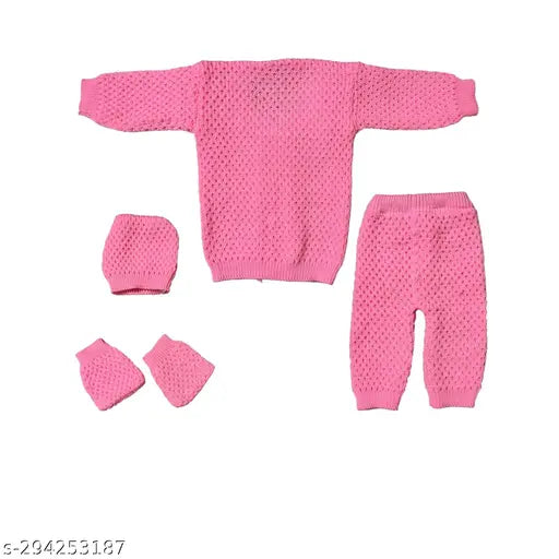 Wocrevar pink wool unisex sweater set, self-design net pattern, 0-3M to 3-6M size range
