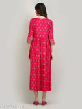 Rayon print women's long anarkali kurta for parties, featuring three-quarter sleeves and vibrant Indian design. Available in sizes S to XXL. Made in India