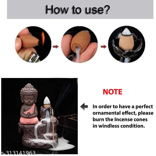 Resin Buddha backflow smoke fountain with cone incense, polyresin, 10cm x 10cm x 10cm, natural aroma, Indian-crafted home decor
