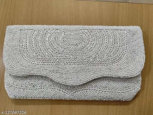 White fabric beaded clutch bag, embroidered net pattern, free size (L:9in, W:6in), Indian designer women's accessory
