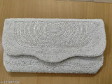 White fabric beaded clutch bag, embroidered net pattern, free size (L:9in, W:6in), Indian designer women's accessory