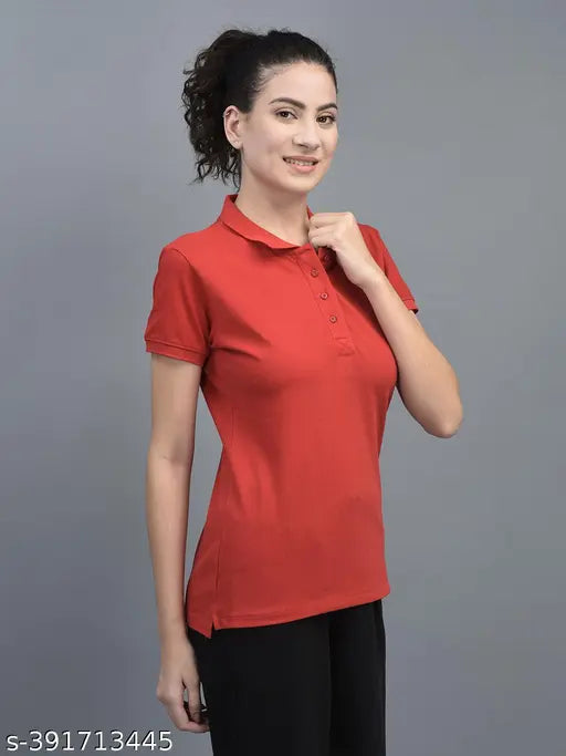 Red cotton-blend Dollar Women's Polo T-shirt with short sleeves, solid color, and embroidered logo