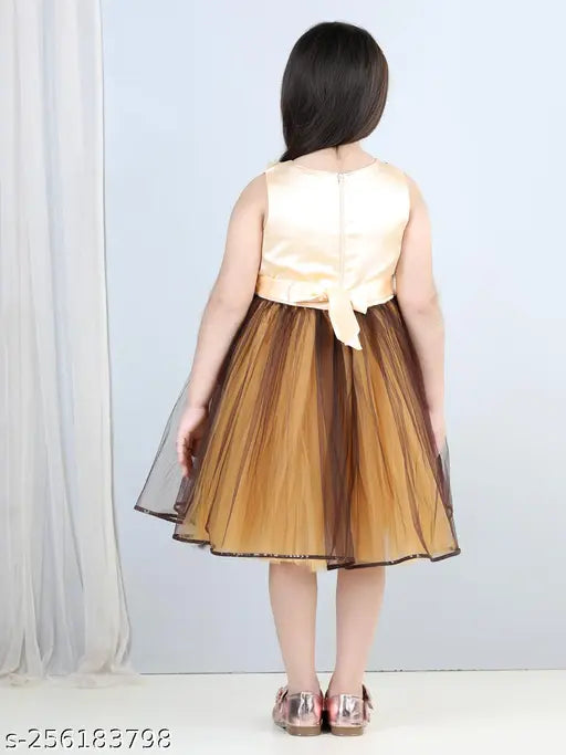 Brown net hi-low dress with toy balloon prints for kids' parties, sleeveless and size 2-3 years