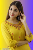 Yellow rayon kurti with embroidered pattern, three-quarter sleeves. Indian fashion for women in sizes M, L, XL, XXL