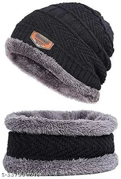 Black wool woven balaclava cap set, fur-lined for men and women, pack of 2 from India