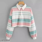 Pink and blue striped Lycra crop top for women, size S (Bust 36in, Length 24in), trendy and versatile fashion essential