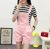 Striped cotton blend dungaree with t-shirt, Indian striped pocket short dungaree