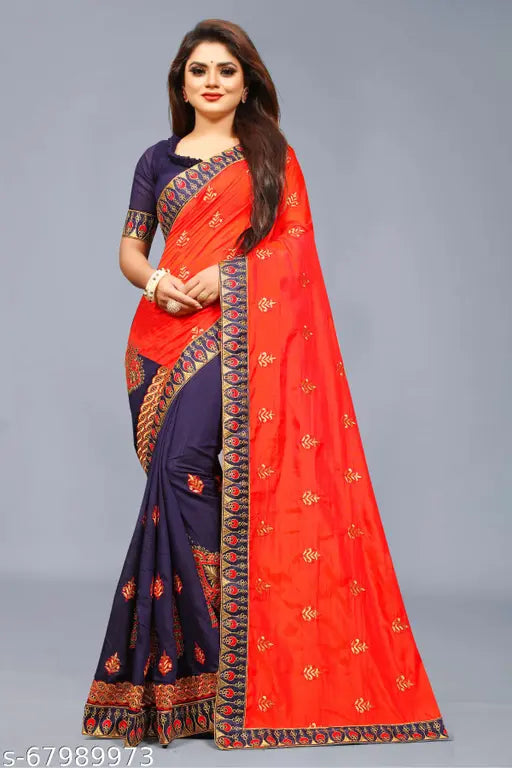 Vichitra Silk Half-Half Embroidered Saree with Lace Border, India