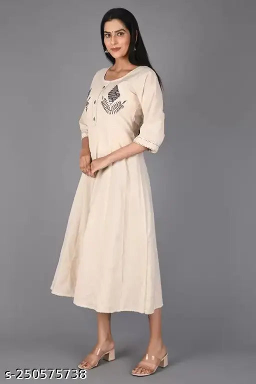 Khaki embroidered cotton gown kurta (multicolor, white), three-quarter sleeves, premium quality cotton for traditional elegance