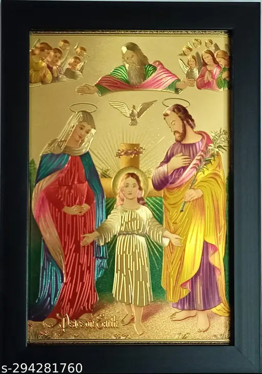Synthetic resin golden frame, 11.5x13.5 inch Jesus Christ holy family with Mary & St Joseph, peace on earth golden foil photo