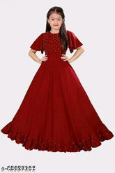 Maroon rayon embellished net dress for girls, high-grade fabric, flared bottom style, 6-11 years sizes, Indian origin