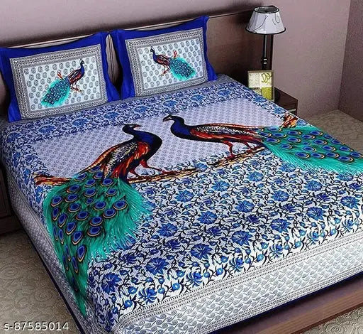 Mor print Jaipuri cotton double bedsheet & pillow covers, 170 thread count, Indian-origin quality bed linen