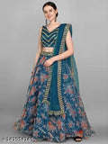 Embroidered Satin & Net Lehenga Choli (Rama), floral Chevron design on Indian semi-stitched dupatta