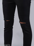 Men's black stretchable denim jeans with knee damage. Durable, comfortable fit for versatile style under INR 400