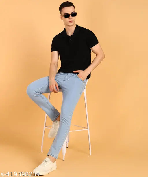 Sky blue polycotton slim fit jeans for men, size 28/30/32/34 on display