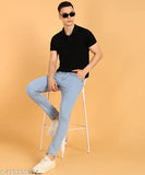 Sky blue polycotton slim fit jeans for men, size 28/30/32/34 on display