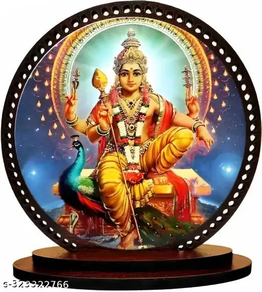 Multicolor, high-quality wooden Lord Kartikeya idol for car and home decorative showpiece - ideal for gifting purposes, with prelaminated MDF, matte finish, 3cm in size and double-sided tape installed at the bottom for easy hanging