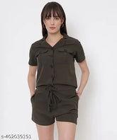 Olive Green Polyester Buttoned Playsuit for Women - Trendy solid-colored playsuit on display