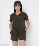 Olive green polyester playsuit for women, solid design with short sleeves, elevates casual chic style