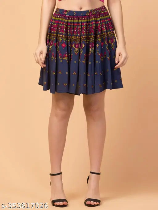 Multicolor rayon short mini skirt for women with jaipuri print, elastic waist closure, and a length of approximately 22 inches