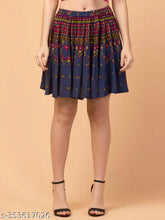 Multicolor rayon short mini skirt for women with jaipuri print, elastic waist closure, and a length of approximately 22 inches