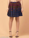 Multicolor rayon short mini skirt for women with jaipuri print, elastic waist closure, and a length of approximately 22 inches