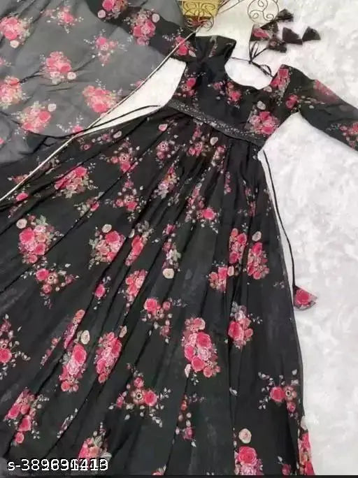 Black georgette floral printed fashion gown with matching dupatta and belt, Indian wear suitable for party or wedding events. Floral Anarkali style, long sleeves, available in sizes S-XXL. Made in India