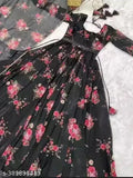 Black georgette floral printed fashion gown with matching dupatta and belt, Indian wear suitable for party or wedding events. Floral Anarkali style, long sleeves, available in sizes S-XXL. Made in India