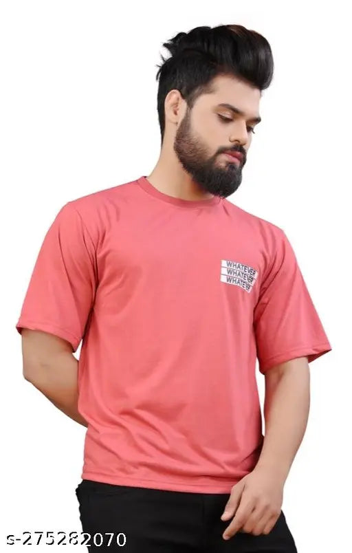 Peach cotton rich solid round neck half sleeve t-shirt with printed net, durable and odorless for all seasons, made in India