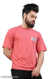 Peach cotton rich solid round neck half sleeve t-shirt with printed net, durable and odorless for all seasons, made in India
