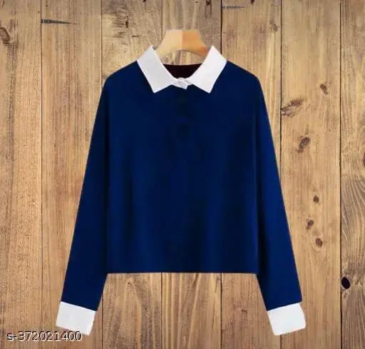 Navy blue cotton blend long sleeve solid polo shirt for women, ladies, and girls