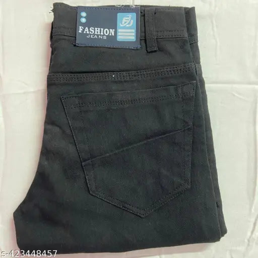 Black denim men's jeans, regular and relaxed fit, stylish straight leg for casual or formal wear. #blackjeans #menjeans #denim #slimfit #latestfashion #plainblackjeans