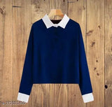 Navy blue cotton blend long sleeve solid polo shirt for women, ladies, and girls