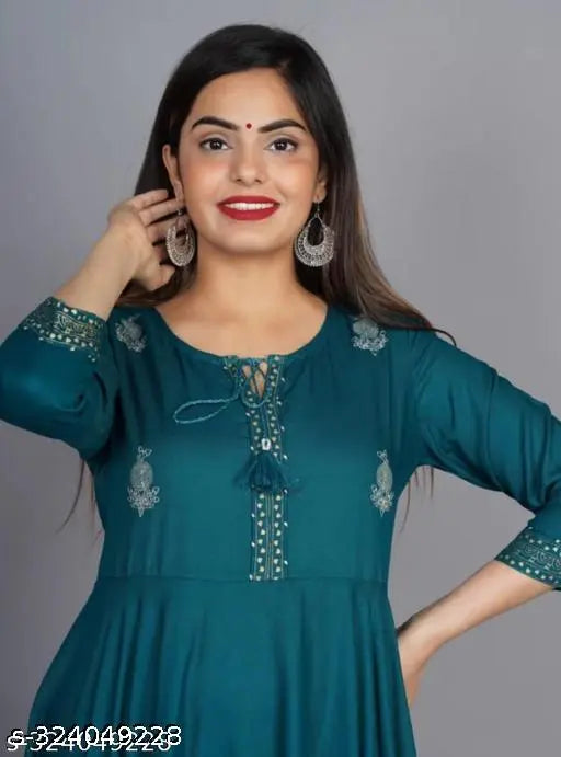 Rayon embroidered Anarkali kurta gown, flared style for women & girls. Three-quarter sleeves, printed combo. S-XXXL sizes available