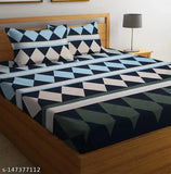 Elastic cotton double bedsheet, premium printed with geometric pattern, fits up to mattress, includes 2 large pillow covers