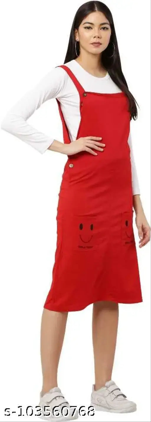 Cotton Lycra dungaree skirt & top for women jumpsuits, solid pattern, perfect for casual outings or family gatherings, size chart in inches - S: Waist 28, Length 37, Top Bust-34; M: Waist 30, Length 37.5, Top Bust-36 (India origin)