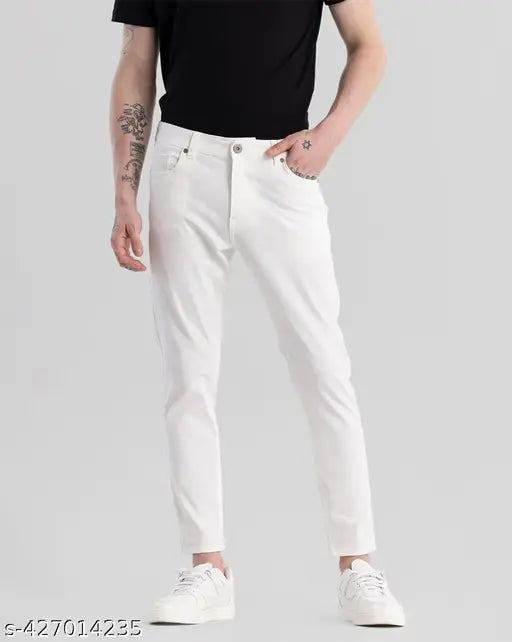 RusticBlooms Men's White Denim Jeans, comfortable fit for casual and dressed-up occasions. Solid design, quality denim fabric, size 26, 28, 30 or 32. Made in India