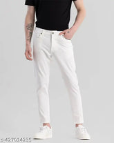 RusticBlooms Men's White Denim Jeans, comfortable fit for casual and dressed-up occasions. Solid design, quality denim fabric, size 26, 28, 30 or 32. Made in India