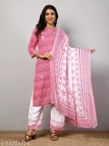 Fabulous cotton women's kurta set with palazzo pants, three-quarter sleeves, printed net pattern - Indian ethnic wear