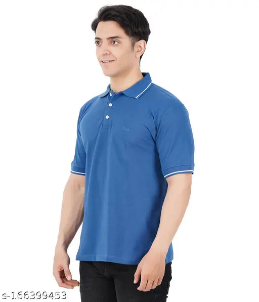 Blue striped cotton blend men's polo t-shirts (pack of 2), XL size with short sleeves and collar detail, export quality yarn from India