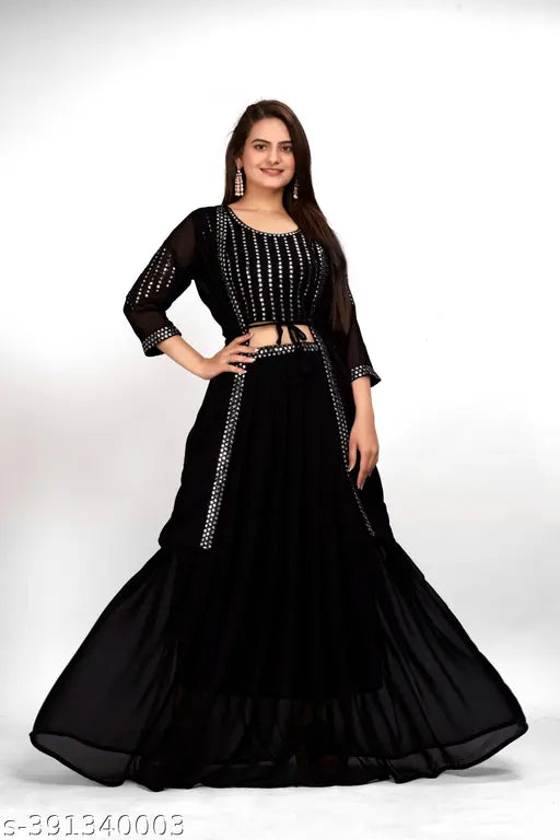 New black georgette gown choli skirt for women, embroidered indo-western set for weddings or festivals