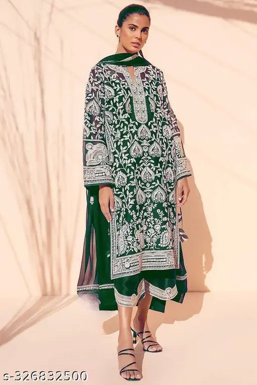 Green Georgette embroidered top and palazzo suit with dupatta, soft butter silk bottom, heavy chine stitch work