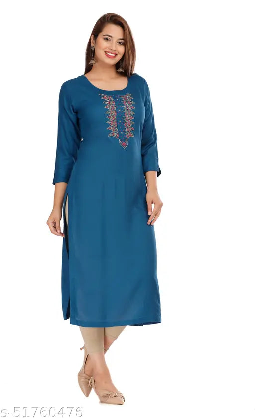 Teal blue rayon straight kurti with three-quarter sleeves and printed combo, dark green handwork on neck - Jyoti Creation women's Indian wear