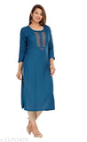 Teal blue rayon straight kurti with three-quarter sleeves and printed combo, dark green handwork on neck - Jyoti Creation women's Indian wear