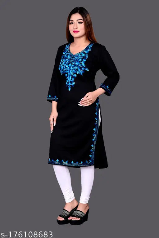 Embroidered wool three-quarter sleeve kurti, trendy winter wear from India